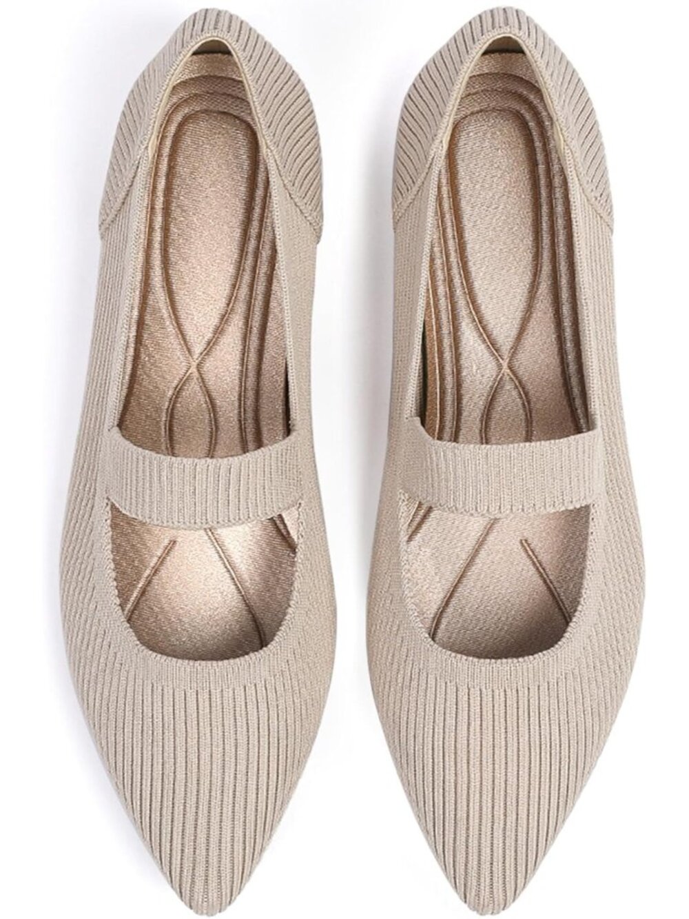 Women's Beige Flats Pointed Toe Knit Washable Ballet Pull On Comfortable Shoes
